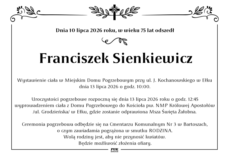 Franciszek Sienkiewicz - nekrolog